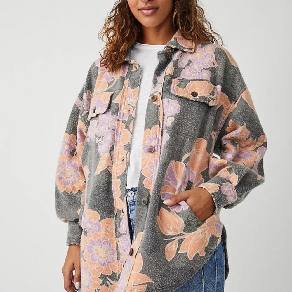 Free People Printed Ruby Jacket Charcoal Combo Small